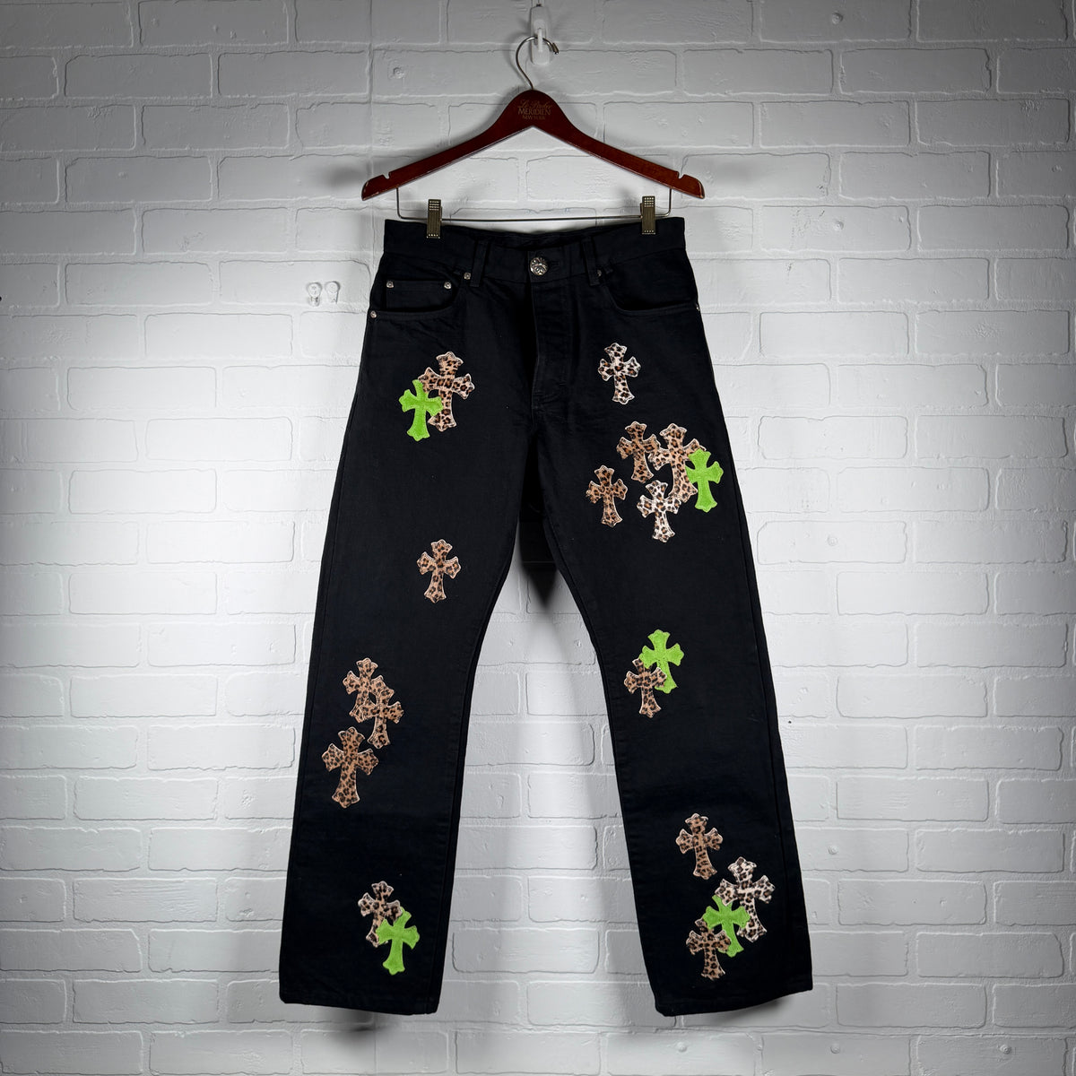 Chrome Hearts Green Suede & Cheetah Cross Patch Jeans