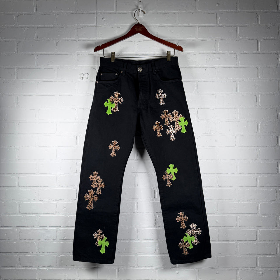 Chrome Hearts Green Suede & Cheetah Cross Patch Jeans