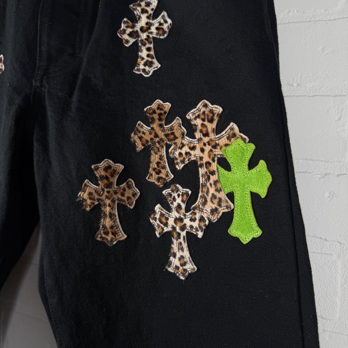 Chrome Hearts Green Suede & Cheetah Cross Patch Jeans