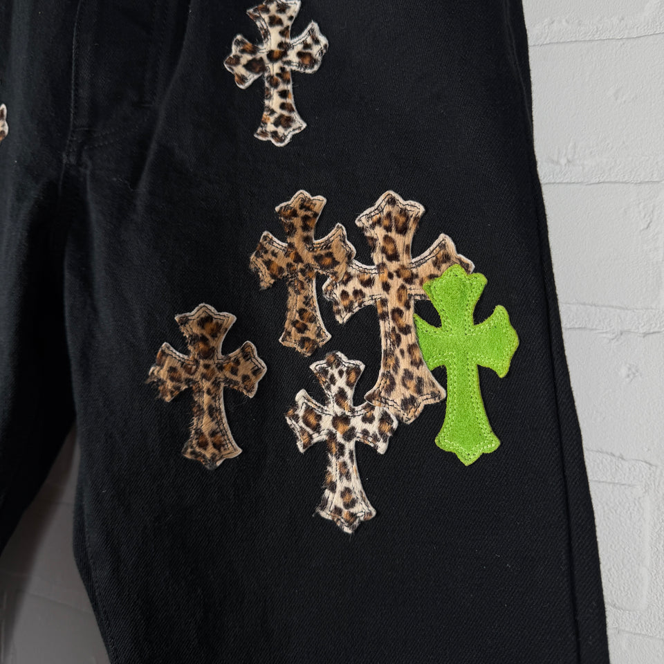 Chrome Hearts Green Suede & Cheetah Cross Patch Jeans