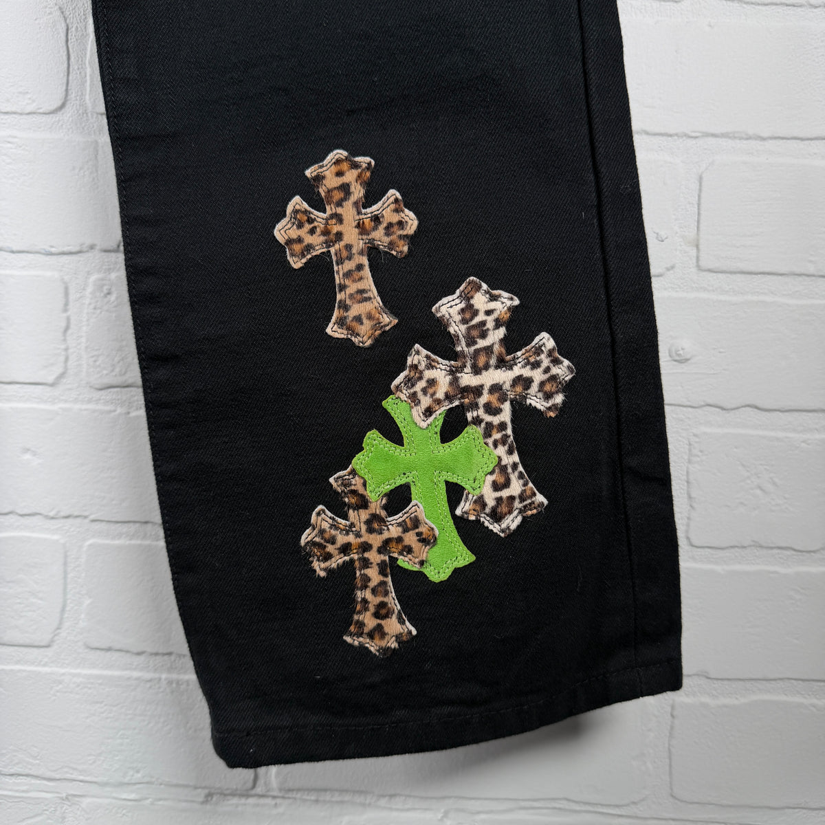 Chrome Hearts Green Suede & Cheetah Cross Patch Jeans