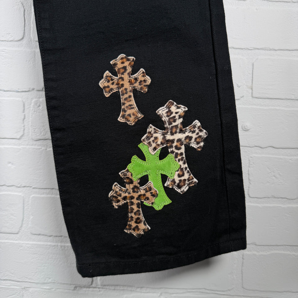 Chrome Hearts Green Suede & Cheetah Cross Patch Jeans