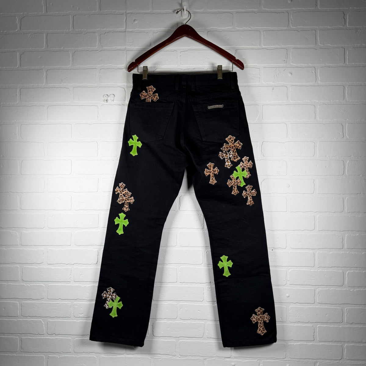 Chrome Hearts Green Suede & Cheetah Cross Patch Jeans