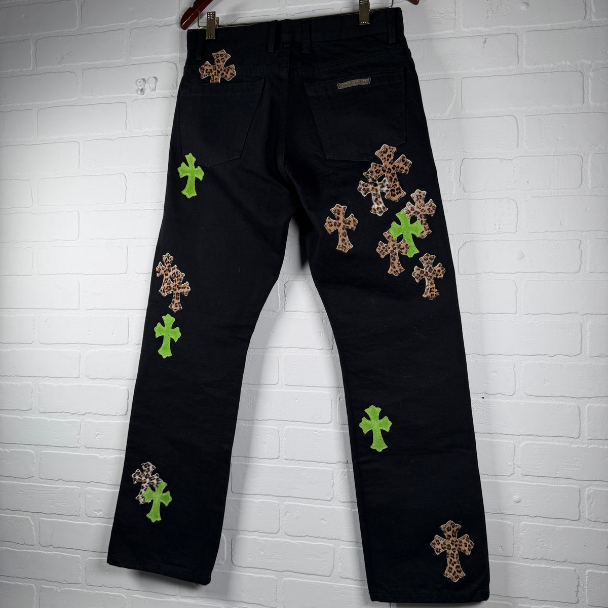 Chrome Hearts Green Suede & Cheetah Cross Patch Jeans