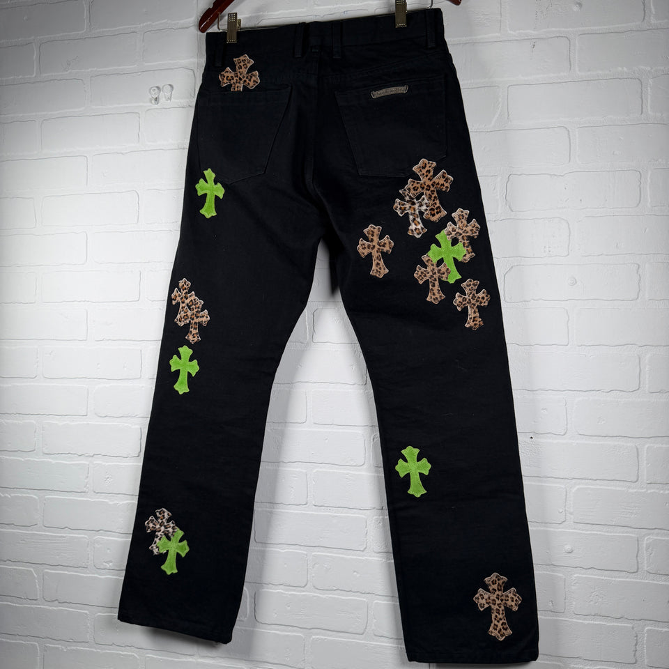 Chrome Hearts Green Suede & Cheetah Cross Patch Jeans