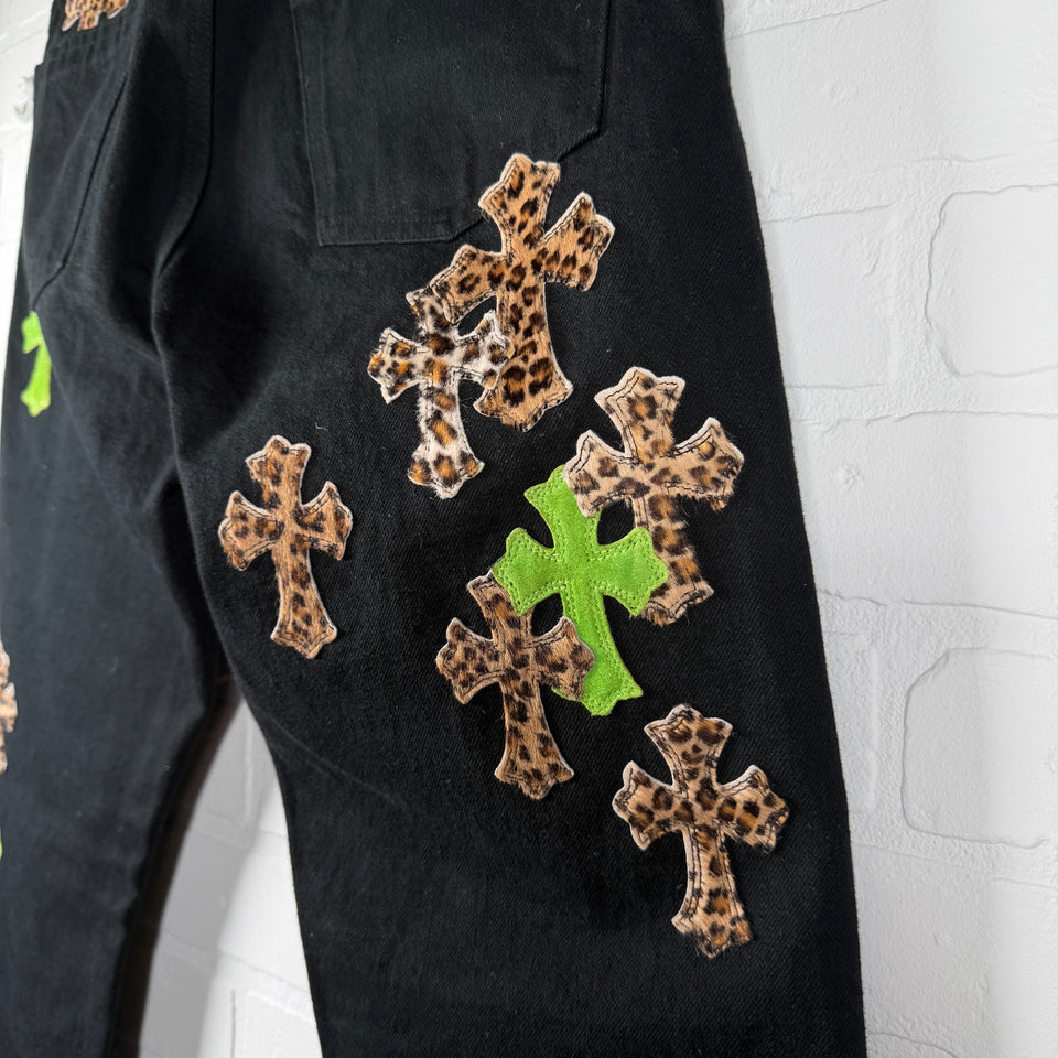 Chrome Hearts Green Suede & Cheetah Cross Patch Jeans