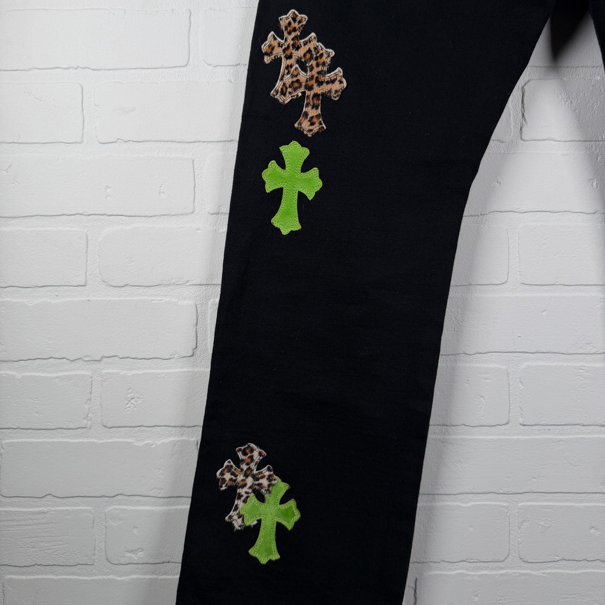 Chrome Hearts Green Suede & Cheetah Cross Patch Jeans