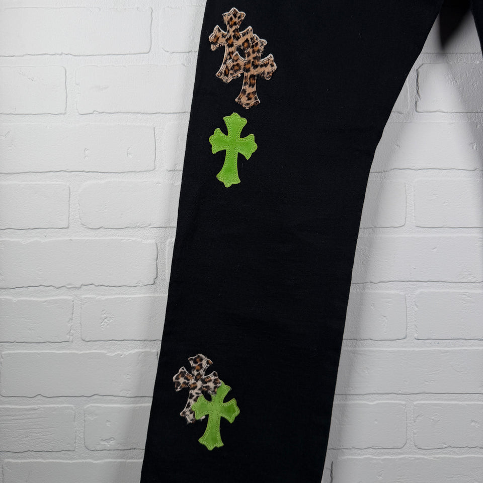 Chrome Hearts Green Suede & Cheetah Cross Patch Jeans