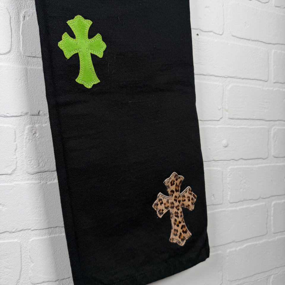 Chrome Hearts Green Suede & Cheetah Cross Patch Jeans