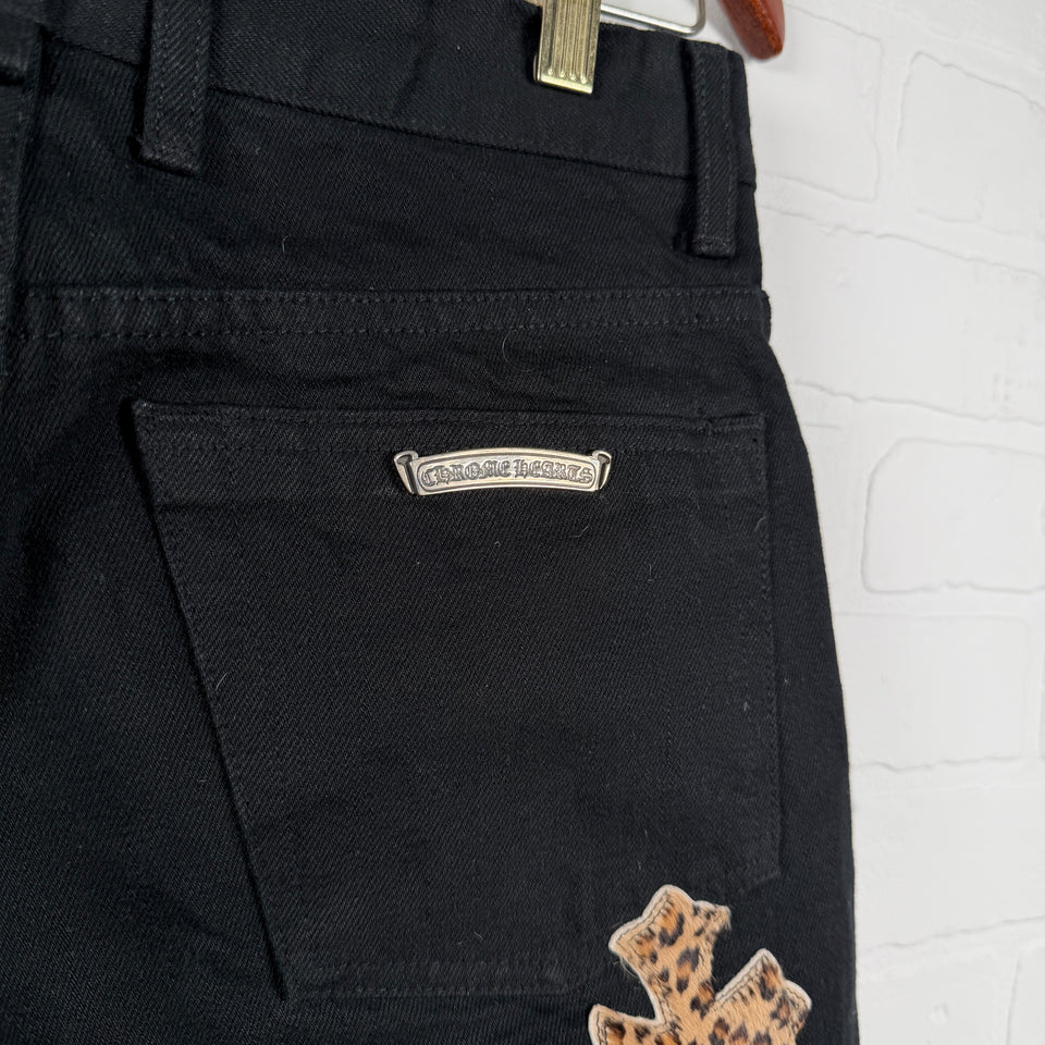 Chrome Hearts Green Suede & Cheetah Cross Patch Jeans