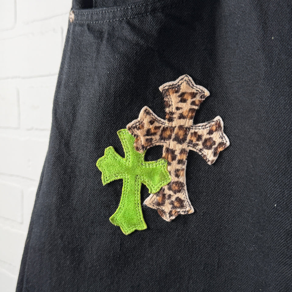 Chrome Hearts Green Suede & Cheetah Cross Patch Jeans