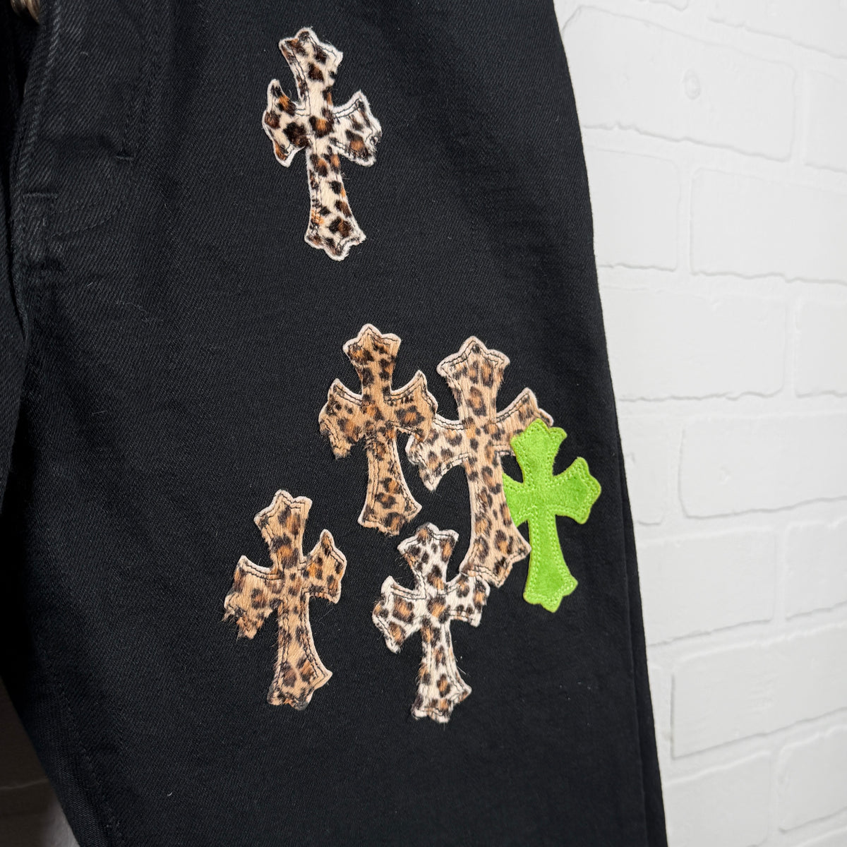 Chrome Hearts Green Suede & Cheetah Cross Patch Jeans