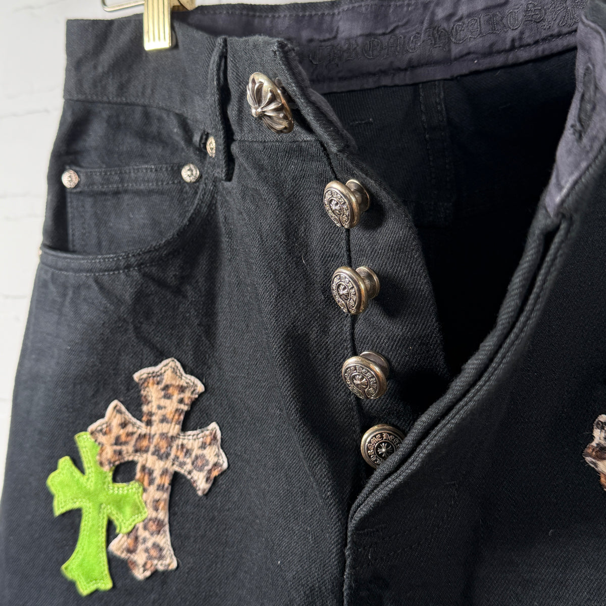 Chrome Hearts Green Suede & Cheetah Cross Patch Jeans