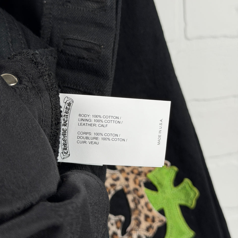 Chrome Hearts Green Suede & Cheetah Cross Patch Jeans