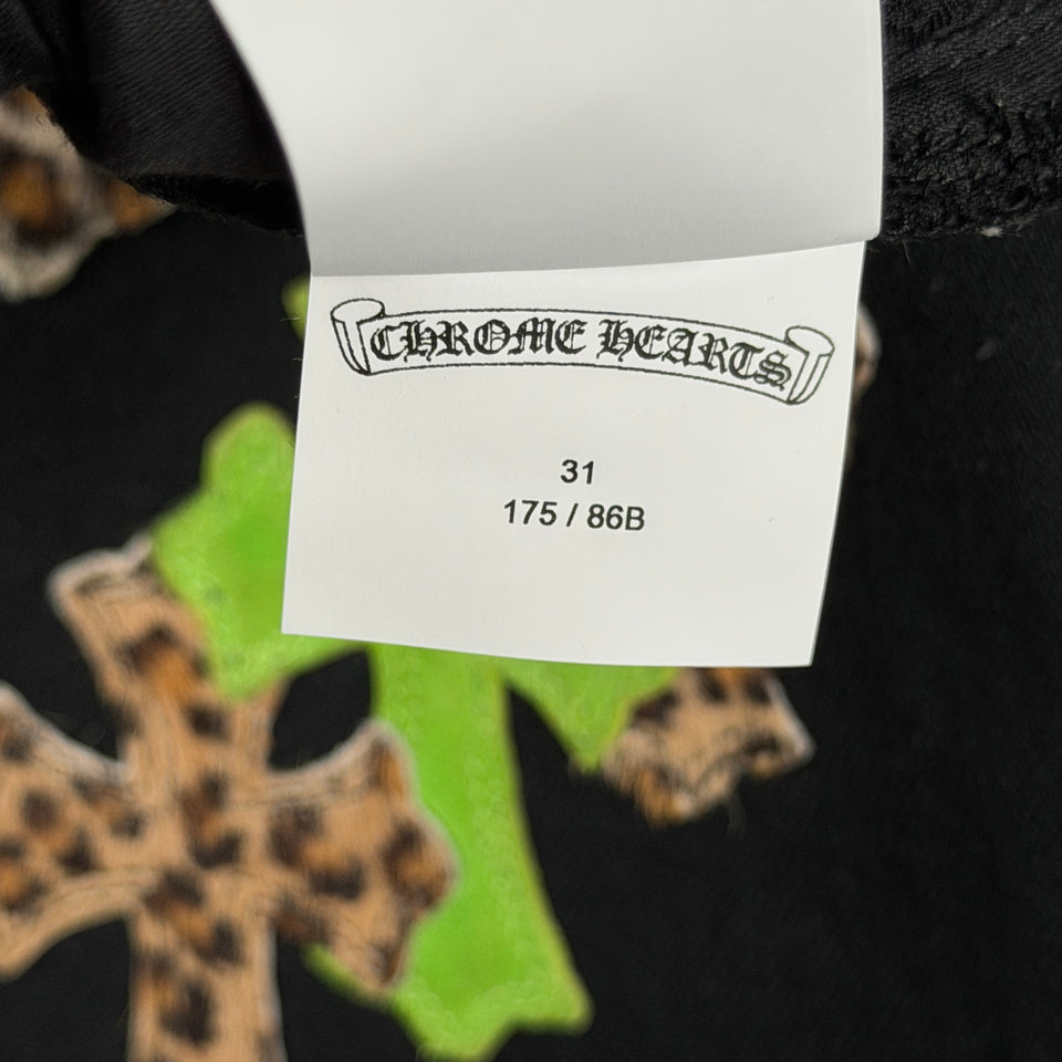 Chrome Hearts Green Suede & Cheetah Cross Patch Jeans