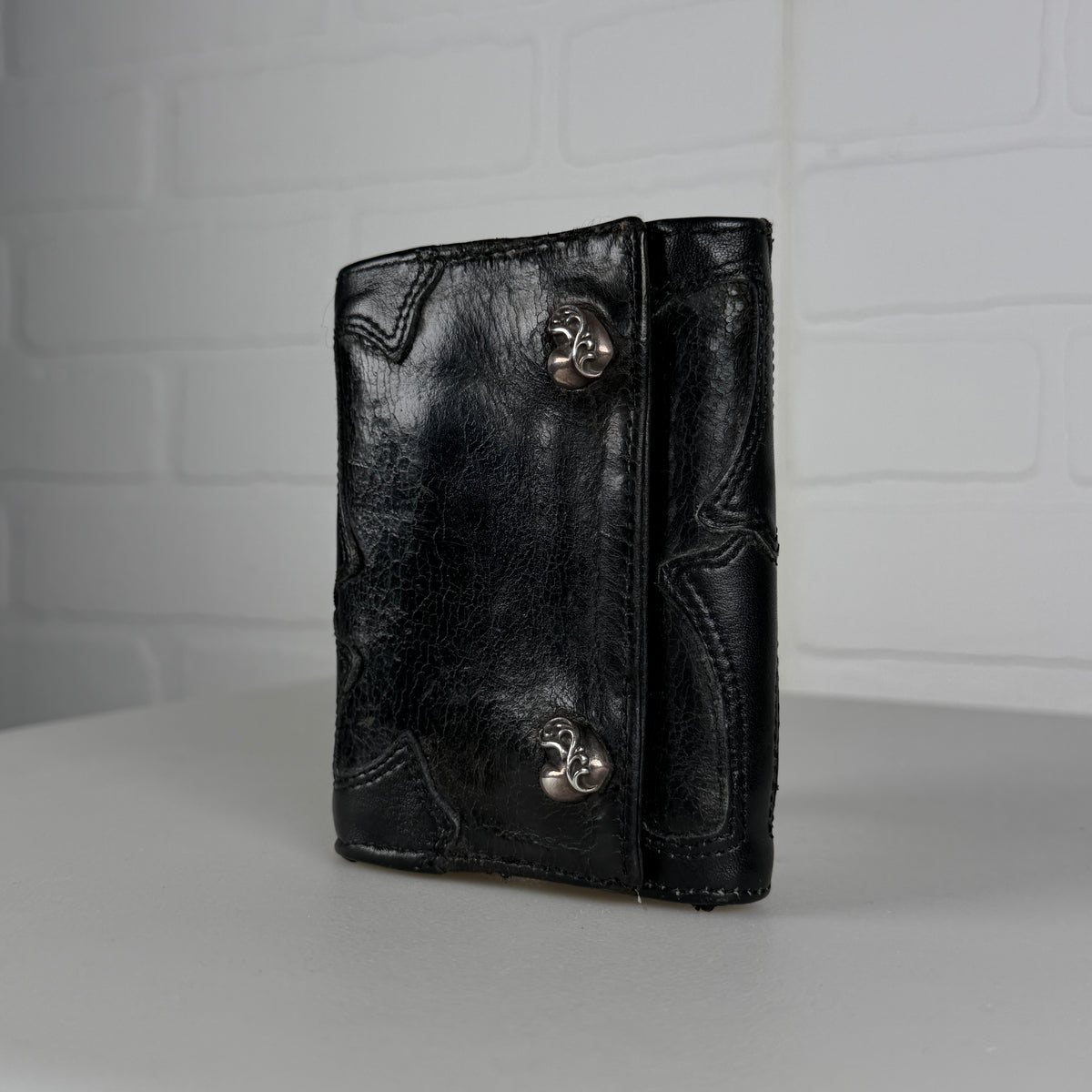 Chrome Hearts Black Cross Patch Heart Button Trifold Wallet