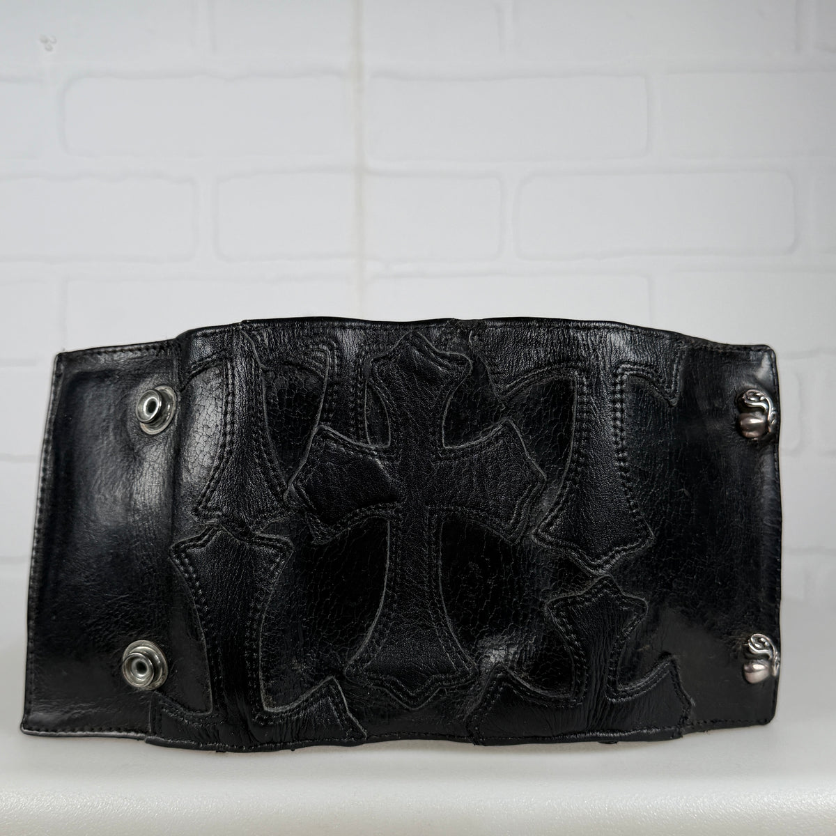 Chrome Hearts Black Cross Patch Heart Button Trifold Wallet